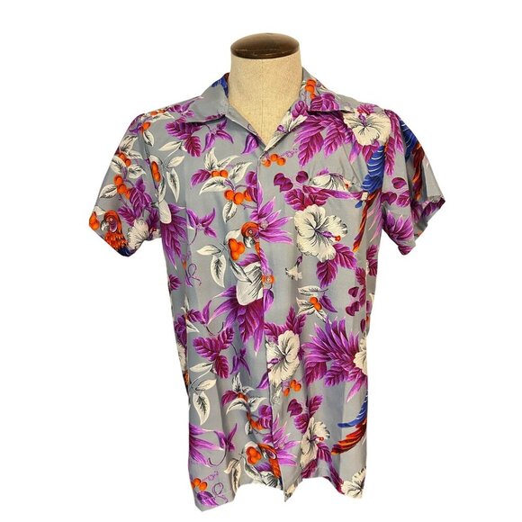 King Kameha Vintage Purple Floral & Parrot Print Short Sleeve Medium - Picture 1 of 7
